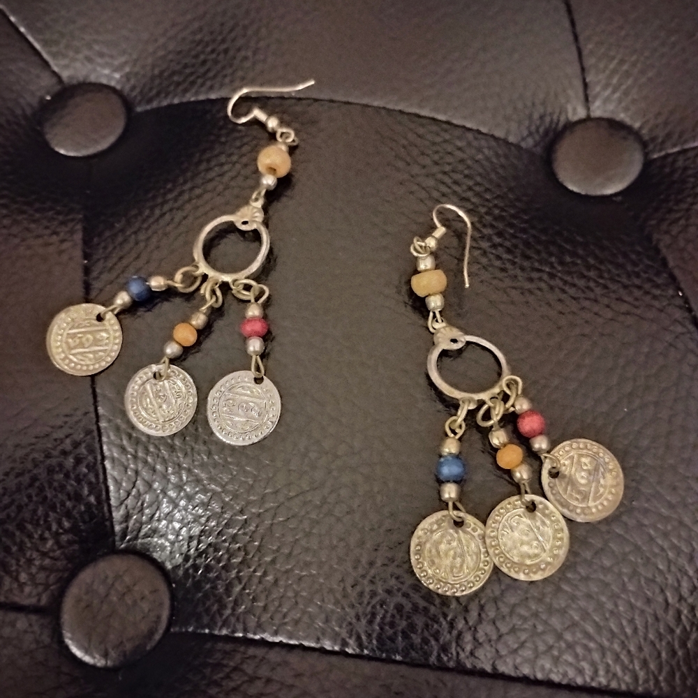 Bohemian Gold Silver Tones Thin Coin Dangle Beads Hanging Earrings